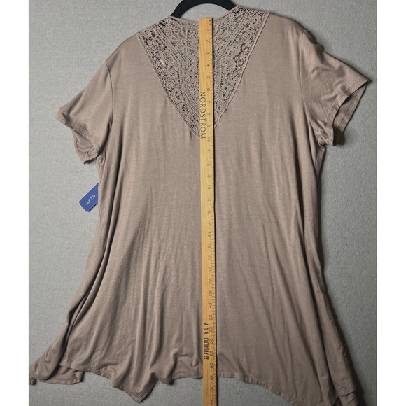 Apt. 9 Short Sleeve Open Front Cardigan Top XL Rayon Blend Taupe Crochet Back - Picture 6 of 9